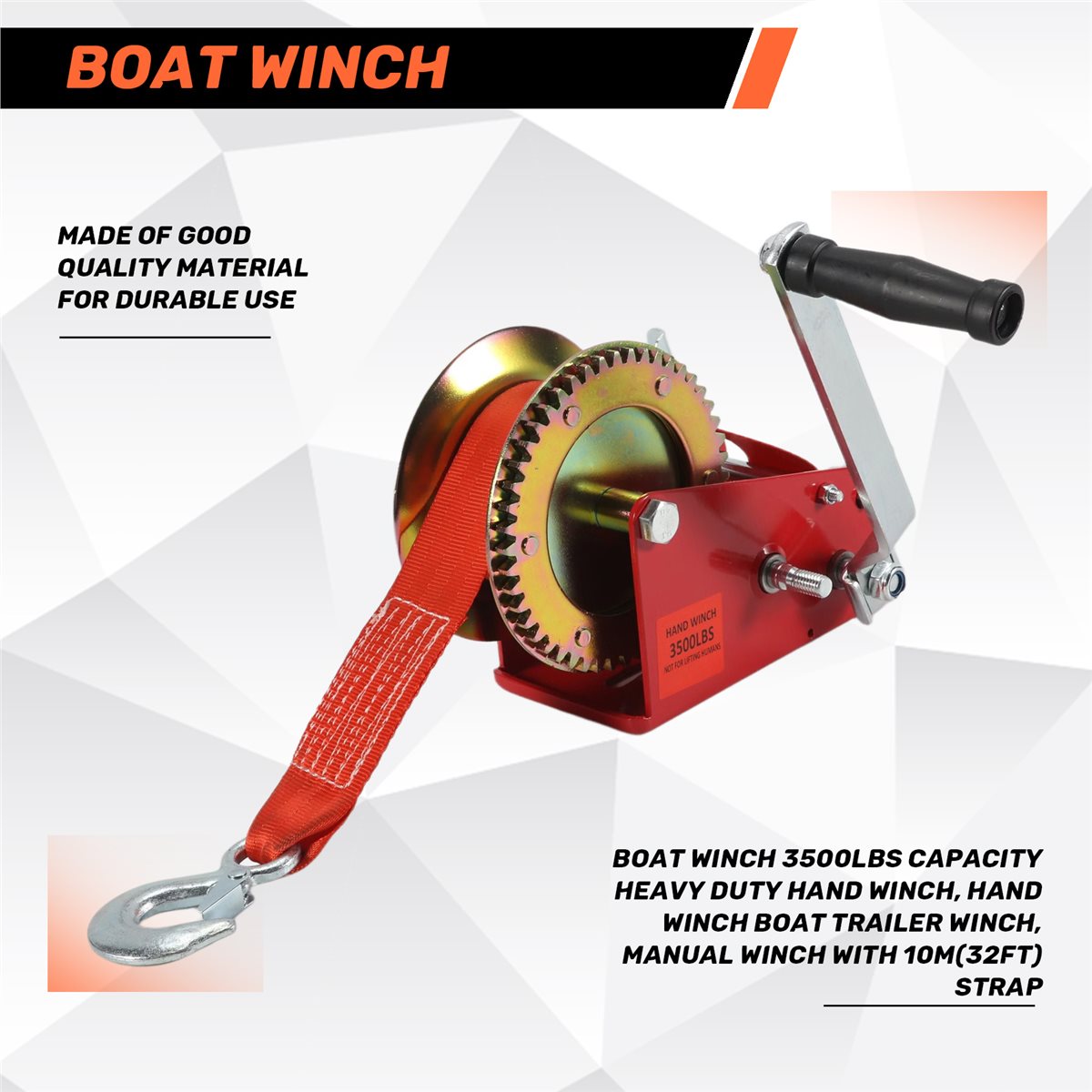 Boat Trailer Winch Strap - ABLK ボート用ウインチ 3500ポンド対応、頑丈な手動ウインチ、ボートトレーラー用ウインチ、10m（32フィート）のストラップ付き手動ウインチ。