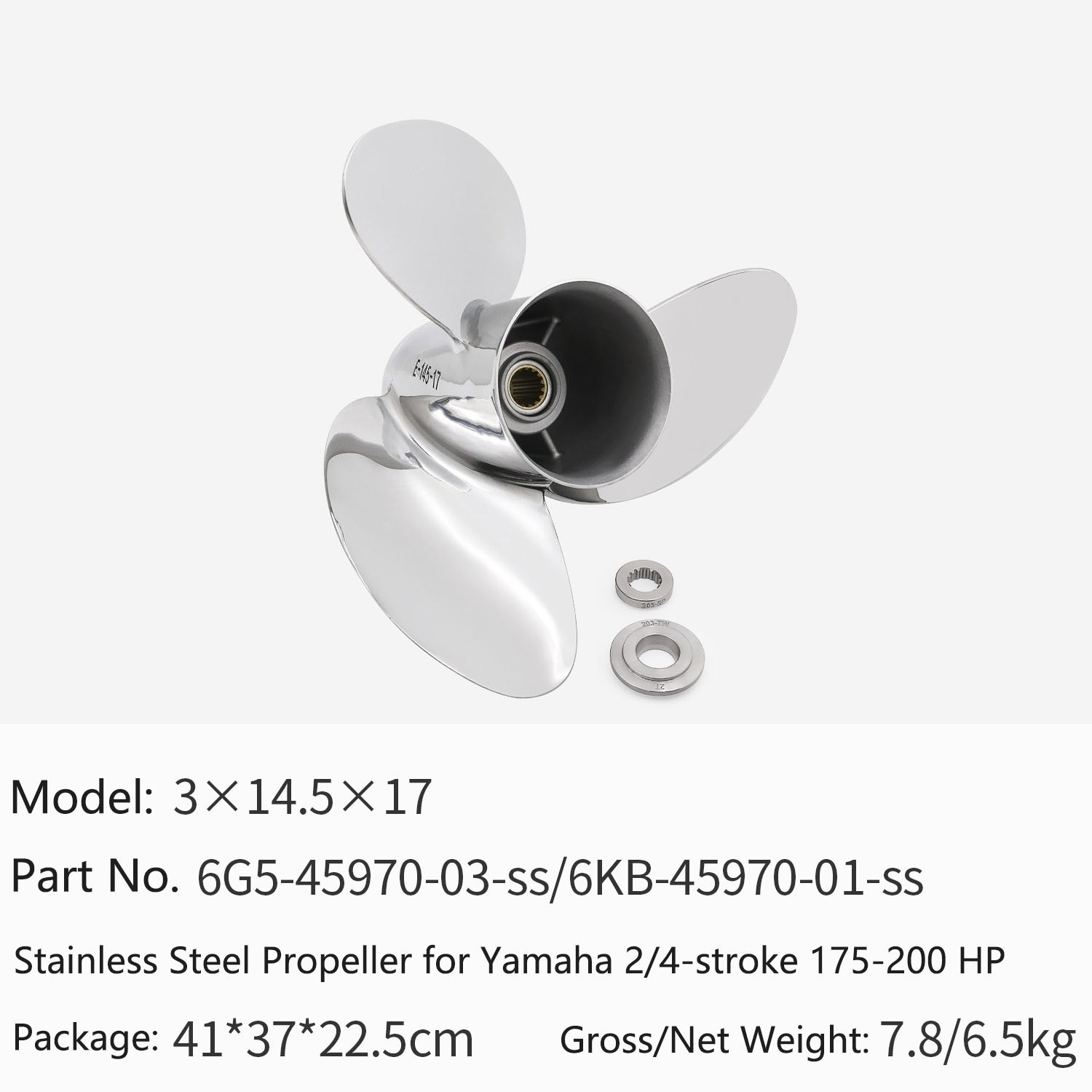 Outboard Motor Propeller Stainless - ヤマハ製2ストローク/4ストローク船外機用、ステンレス製プロペラ。175～200馬力対応。サイズ：14 1/2X17、14.5X17、3X14.5X17。