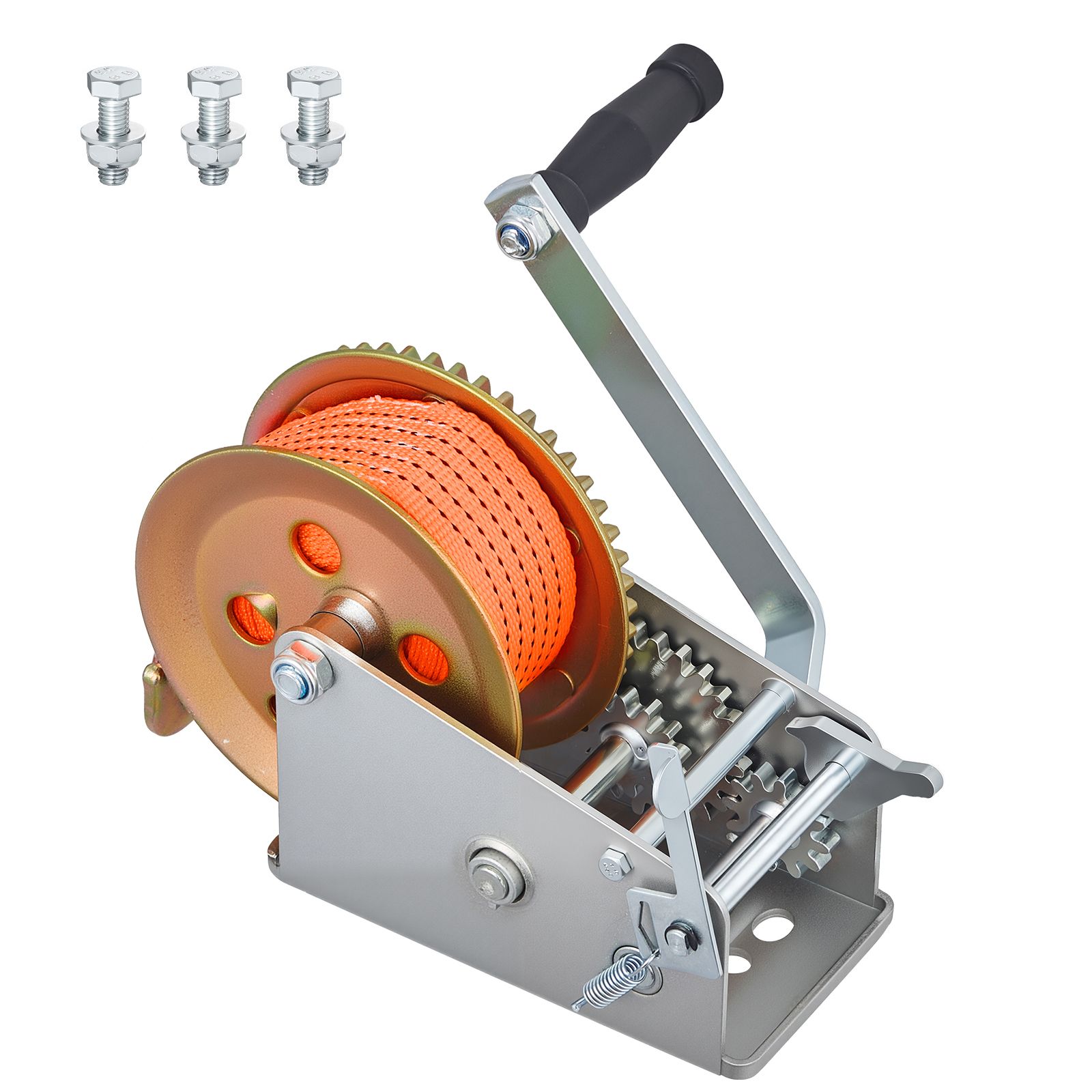 Boat Trailer Winch Strap - ボートウィンチ、3500ポンドハンドウィンチ、20フィートオレンジポリエステルストラップ付きヘビーデューティーマニュアルロープクランク、ポータブル双方向ラチェット、2段階速度切替可能、滑り止めハンドルギア、ボートトレーラーATV牽引用